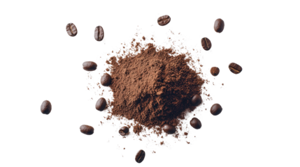 A pile of finely ground coffee powder, surrounded by scattered coffee beans, Transparent background, PNG file