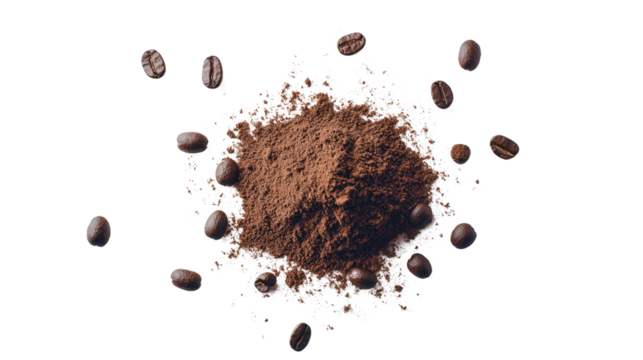 A pile of finely ground coffee powder, surrounded by scattered coffee beans, Transparent background, PNG file