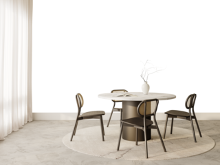 Free PNG wallpaper mockup in Interior Dining Room, Minimalist dining room with a round marble table and stylish chairs, 3D rendering