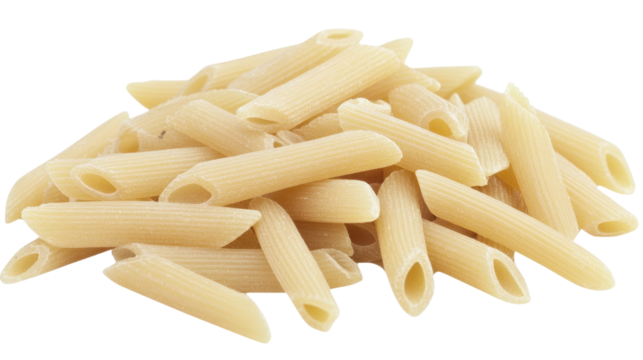 A pile of Penne rigate pasta isolated on white, with a focus on the sharp ridges and smooth texture, ready for cooking.