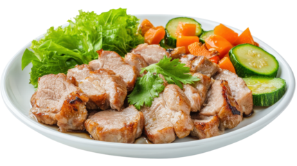 A plate of tender grilled pork slices, garnished with fresh herbs, accompanied by vibrant steamed vegetables, clean and appetizing presentation,Transparent background, PNG file