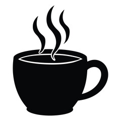 Modern silhouette vector illustration of a coffee cup icon with steam rising in minimal flat design