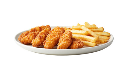 A plate with a serving of crispy chicken strips and crispy French fries,Transparent background, PNG file, emphasizing the golden-brown texture.