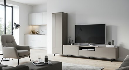 Serene Modern Living Room: Neutral Tones and Architectural Depth in 3D Render AI Generated