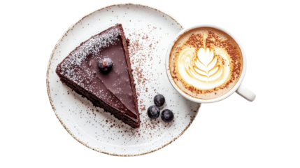 A plate with a slice of dark chocolate cake and a cappuccino in a ceramic cup, creating a perfect dessert pairing,Transparent background, PNG file