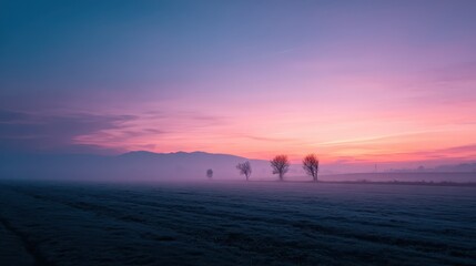 Wide open fields lay before misty hills as dawn breaks, casting gentle hues across the landscape. Silhouetted trees stand still, adding a tranquil charm to the serene morning