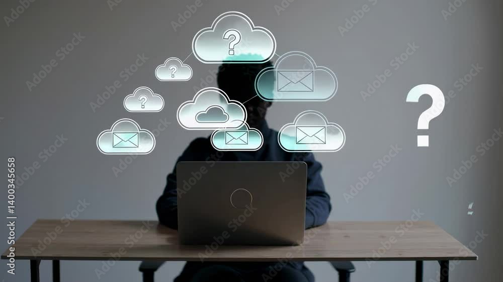 Aufkleber Office worker looking at laptop with email and cloud computing icons while question marks float around, suggesting uncertainty and problem solving in technology