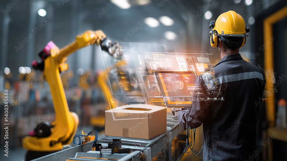 Poster worker operating robotic arm with augmented ui in warehouse setting