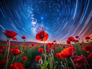 Fototapeta premium Night Bloom: Vibrant Poppy Field Under Starry Sky
