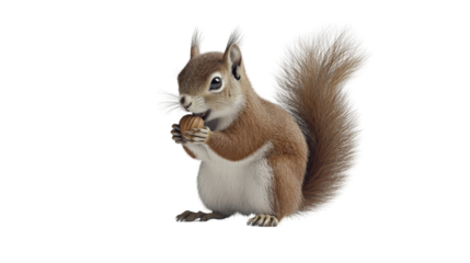 A portrait of a red squirrel standing and munching on a nut, with a clean white background highlighting its natural behavior.