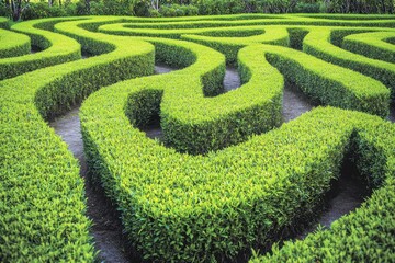 Lush green labyrinth of perfectly trimmed hedges offering a sense of mystery and exploration in a garden setting from an aerial view