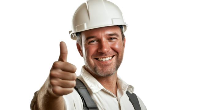 A portrait of a smiling construction worker wearing a helmet and safety vest,Transparent background, PNG file, showcasing a professional and friendly demeanor.