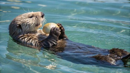 Adorable sea otter lying on its back in calm, translucent water, cradling a round object, possibly a shell or rock, with its front limbs