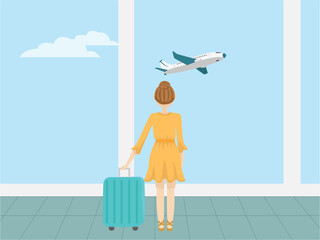 Woman looks at plane flying away from airport window, long-awaited trip