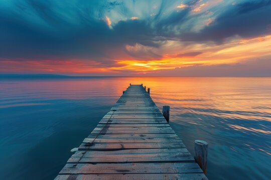 Pier lake nature sky sunset sea summer serene twilight colourful seascape smooth water surface.