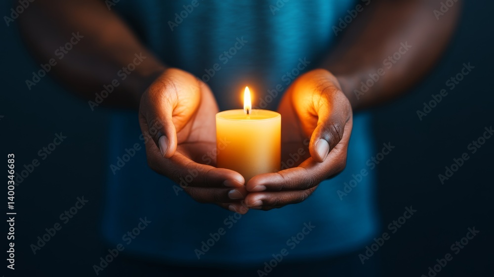 Poster cupped hands gently embrace a softly glowing candle, radiating warm light and creating a tranquil at
