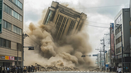 Skyscraper Collapsing in Urban Earthquake - Catastrophic Disaster Scene.