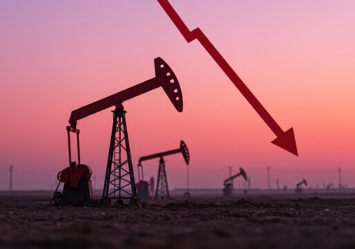 Oil production decline with pump jacks silhouette displaying reducing stock graph down trend for financial crisis and fossil fuel industry downfall concept at sunset