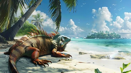 Colorful Iguana Resting on Tropical Beach with Palms and Crystal Clear Ocean View
