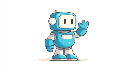 Fototapeta premium A friendly robot character stands in a cheerful pose, waving with one hand. The robot features a rounded head, bright blue color, and simple design, evoking a sense of friendliness and assistance
