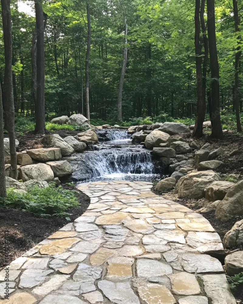 Poster serene forest landscape with a stone path leading to a waterfall cascading over rocks in a peaceful 