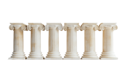 A row of sleek Greek columns in the Ionic style, their elegant spiraled capitals and smooth shafts radiating sophistication,Transparent background, PNG file