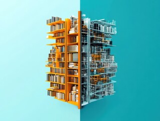 Conceptual bookshelf with half books and half architectural blueprint design on a vibrant background creative study