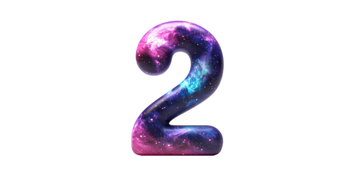 Number 2 With Cosmic Galaxy Texture. Mystical And Astronomical Design Isolated On Transparent Background