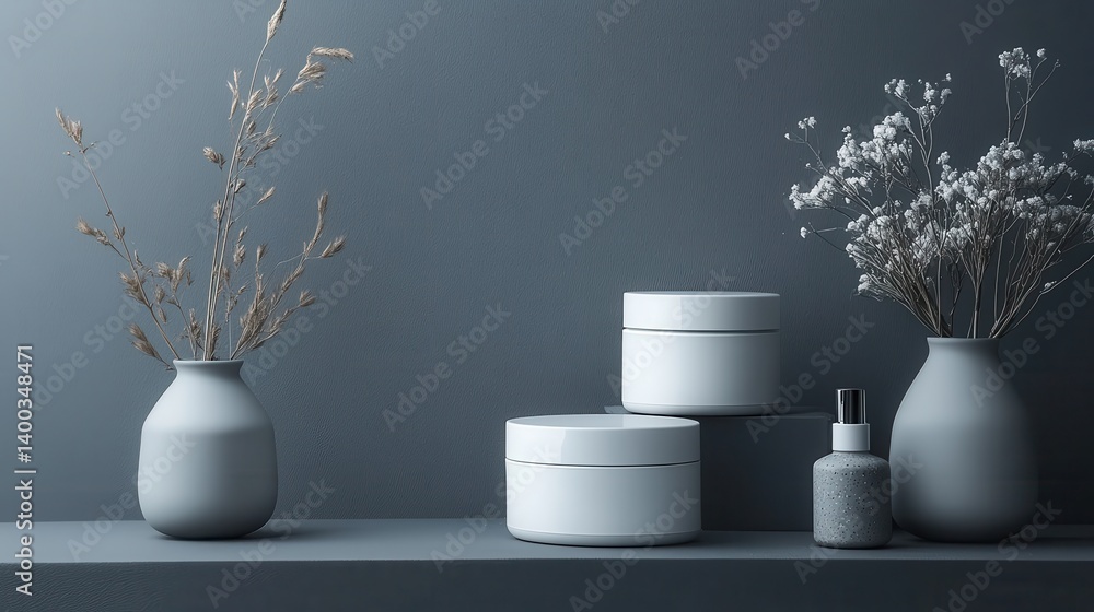 Poster modern minimalist arrangement of vases and skincare containers on a gray shelf with dried flowers