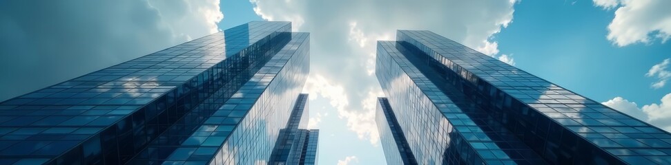 Fototapeta premium Modern glass skyscrapers towering under dramatic cloudy sky, glass, building