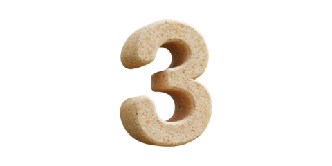 3D Cork Number Three. Eco-Friendly Design And Sustainability Concept Isolated On Transparent Background