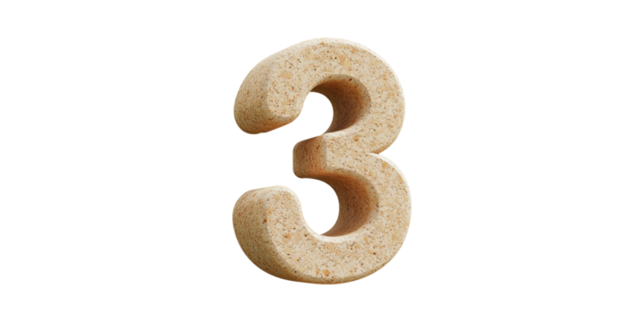 3D Cork Number Three. Eco-Friendly Design And Sustainability Concept Isolated On Transparent Background
