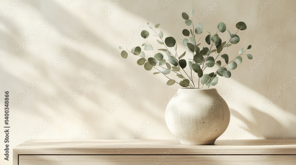 Poster neutral-toned ceramic pot holds eucalyptus stems atop a light oak sideboard, while sharp morning lig