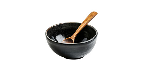 Black Ceramic Bowl With Wooden Spoon. Minimalist Kitchenware For Dining And Cooking Isolated On Transparent Background