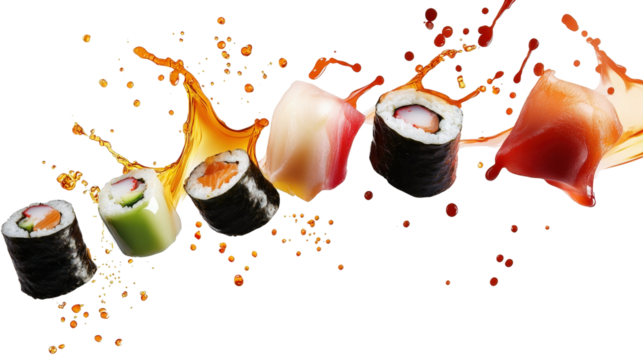 A set of colorful sushi rolls with soy sauce splashing isolated on white, emphasizing the fresh ingredients and the dramatic motion of soy sauce splattering around the sushi.