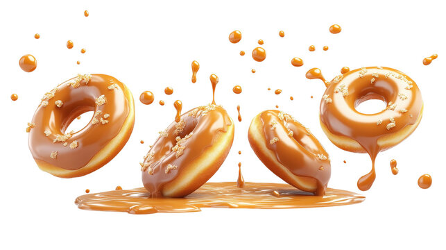 A set of delicious donuts splashing in caramel glazeTransparent background, PNG file, showcasing donuts covered in golden caramel with droplets of glaze flying through the air.