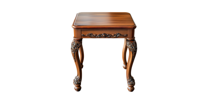 Ornate Wooden Side Table With Carved Details. Elegant Furniture For Classic Interior Design Isolated On Transparent Background
