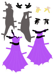 Cartoon clothes and accessories for paper doll. Set of gray and violet dresses for play. Isolated digital flat illustration. Holiday female outfit for playing with children. Party fashion pattern.
