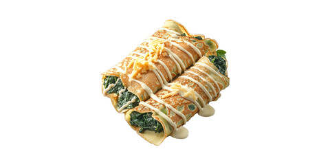 Savory Spinach And Cheese Crepes With Creamy Sauce. Gourmet Vegetarian Meal Isolated On Transparent Background