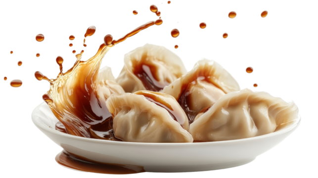 A set of delicious dumplings splashing in soy sauce isolated on white, highlighting the crispy dumpling skin and the rich sauce splashing around them.