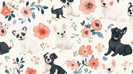 Charming seamless pattern featuring adorable watercolor dogs nestled amongst floral blooms