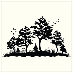 set of silhouettes of trees