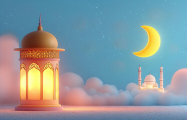 Ramadan illustration with Mosque, Minarets and lantern