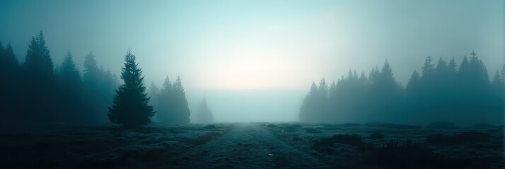 Fototapeta premium Dense morning fog envelops a tranquil forest, softening the outlines of tall trees and creating a mystical ambiance. The pathway leads through the haze, inviting exploration