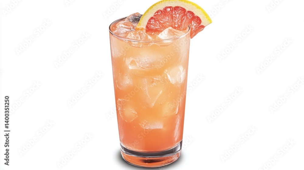 Poster refreshing grapefruit cocktail with ice cubes and a slice of grapefruit on a white background perfec
