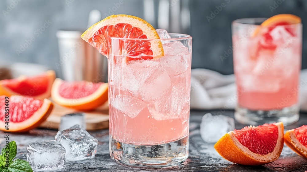 Poster refreshing grapefruit cocktail with ice cubes in a glass on a dark surface with a blurred background