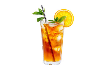 Iced tea with orange slice mint leaves and ice cubes in tall glass with straw isolated on transparent background