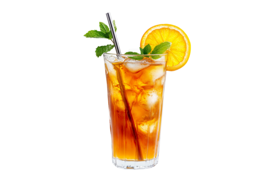 Iced tea with orange slice mint leaves and ice cubes in tall glass with straw isolated on transparent background