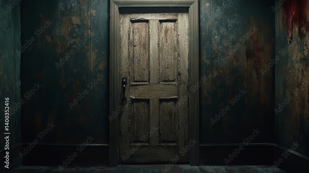 Poster A weathered wooden door with chipped paint and cracks showcases its rustic texture, illuminated by soft, diffused light, inviting exploration and curiosity