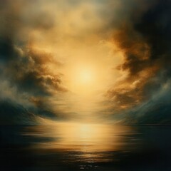 Naklejka premium Serene twilight landscape painting with golden light reflecting on calm water and dramatic cloudy sky